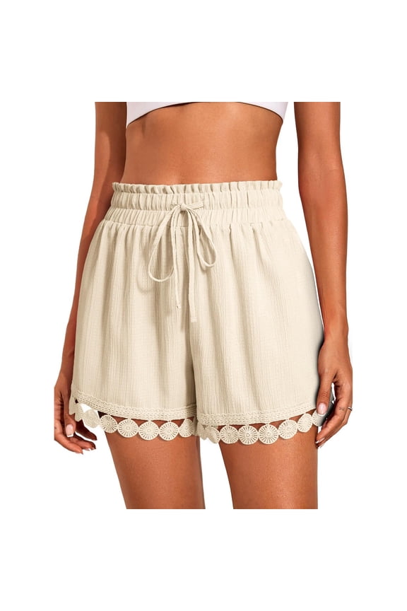 Womens Shorts Summer Casual Loose Elastic Waist Drawstring Lace Boho Beach Cover Up Shorts Beige M