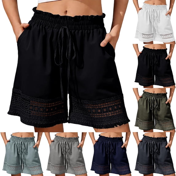 Womens Shorts Summer Casual Loose Elastic Waist Drawstring Lace Boho Beach Cover Up Shorts S Dark Blue