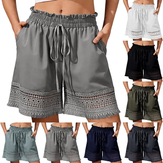 Womens Shorts Summer Casual Loose Elastic Waist Drawstring Lace Boho Beach Cover Up Shorts XL Light Blue