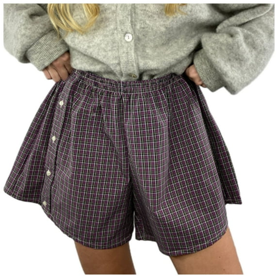 Womens Shorts Summer Cute Soft Plaid Print Buttons Pajamas Bottoms Comfy Home Shorts Sleepwear