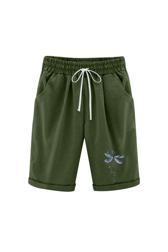 Womens Shorts for Summer Dragonfly Print Workout Shorts High Waisted Linen Shorts Women Cotton Linen Shorts Lounge Women Shorts for Seniors Bermuda Knee Length Breathable Travel Shorts Baggy Shorts