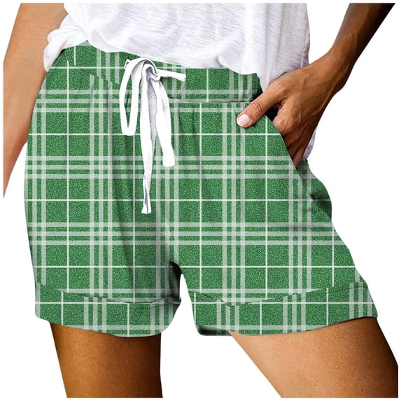 Womens Shorts Summer Plaid Print Elastic Waist Drawstrings Lightweight Beach Shorts With Pockets