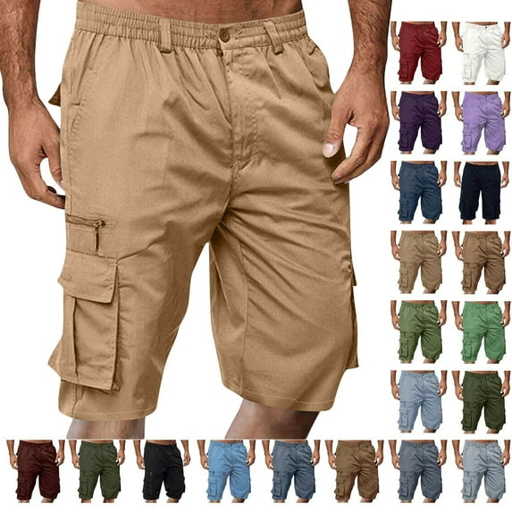 Summer Savings Mens Shorts Cargo Solid Color Straight Buttons Zipper Elastic Cargo Pants Multi Pockets Casual Summer Beach Party Cargo Stretch Shorts under 5$