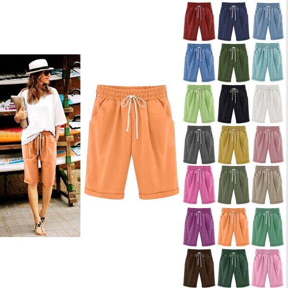 Womens Shorts Summer Plus Size Solid Five Points Large Size Cotton Linen Shorts with Pockets Casual Pants on Clearance Orange_5XL