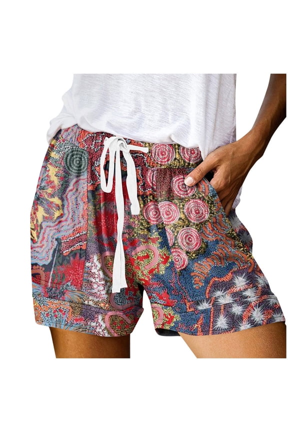 Womens Shorts Women's Casual Drawstring Summer Printed Elastic Waist Cotton Shorts Comfy Lightweight with Pockets for Daily E L