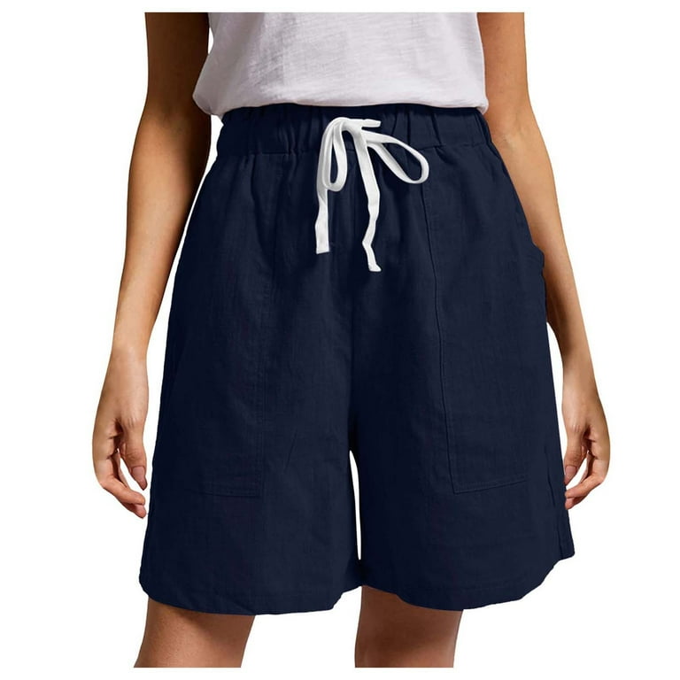 Womens Shorts Women s Casual Fashion Solid Drawstring High Waist Shorts with Pockets Polyester Shorts Shorts for Women Navy L