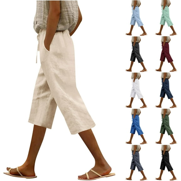 Womens Shorts,,Xunlbb Women'S Solid Color Casual Pocket Lace-Up Quarter Pants ,White M