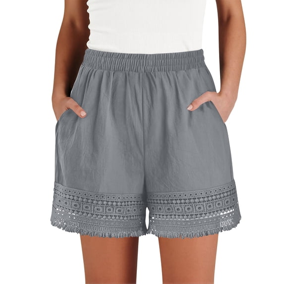 Womens Shorts for Women Lace Casual Elastic Waisted Cotton Linen Trendy Comfy Summer Shorts with Pockets Gray M(M)