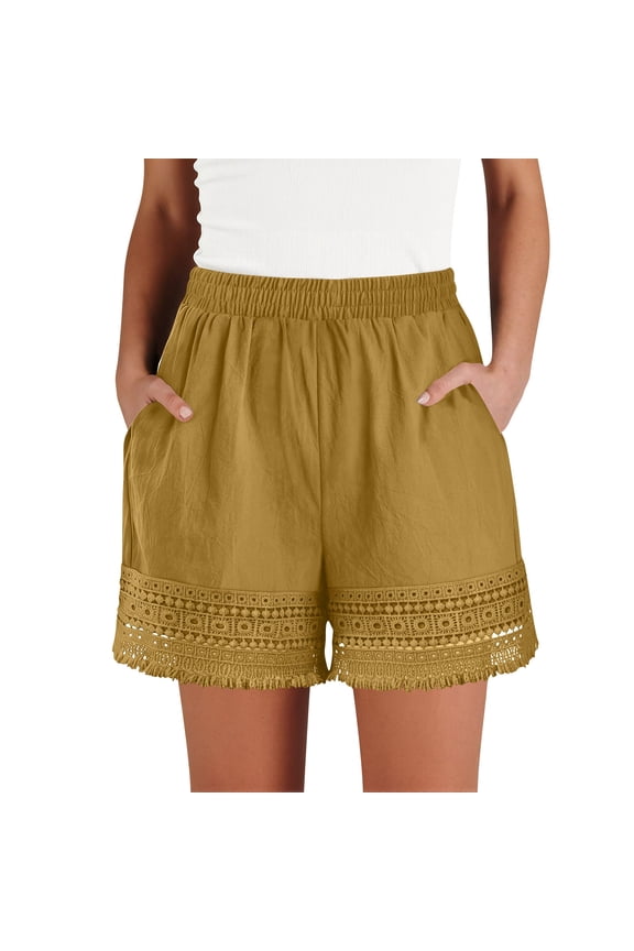 Womens Shorts for Women Lace Casual Elastic Waisted Cotton Linen Trendy Comfy Summer Shorts with Pockets Yellow XXXL(XXXL)