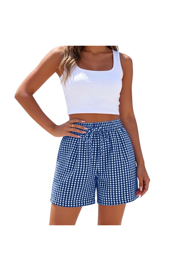 Womens Shorts with Pockets Drawstring Elastic Waisted Mid Rise Wide Leg Plaid Printed Summer Short for Women 4th of July