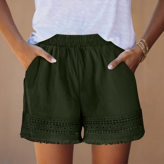 Womens Shorts with Pockets Elastic Mid Waisted Wide Leg Lace Hollow Out Lightweight Summer Homewear Short for Women 4th of July