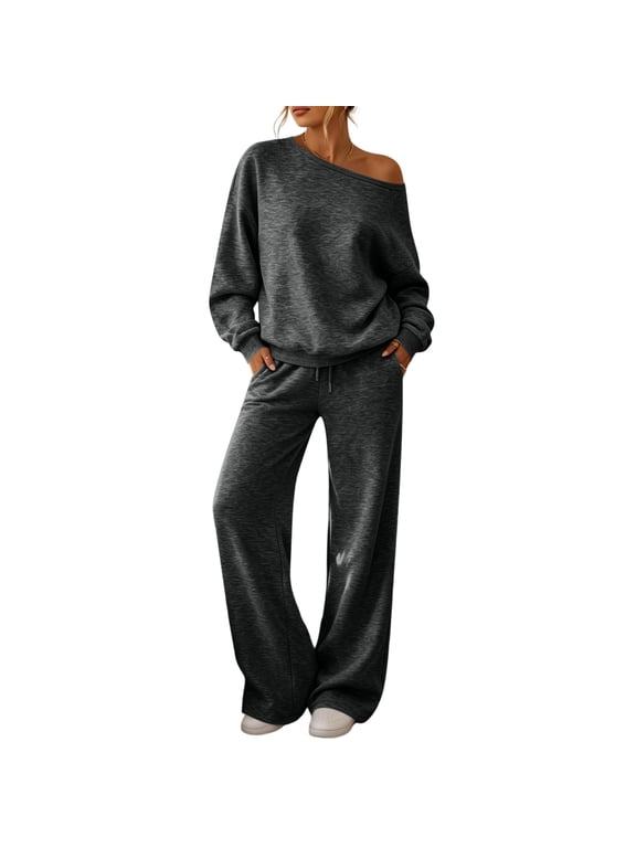 Womens Off the Shoulder 2 Piece Lounge Sweater Matching Sets Fall Outfit Oversized Long Sleeve Boatneck Top Drawstring Sweatpants Set Soft Stretch Airport Travel Outfit S