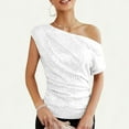 thumbnail image 1 of Womens Off Shoulder Casual Crop Tops Slim Fit Cute Y2K Going Out Tops Shirt Going Out Tops Trendy Cropped Tees Women's One Shoulder Top Pleated Glitter Top Slim Fit Glitter Party Shirt White S, 1 of 9