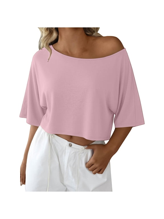 Womens Off The Shoulder Cropped T Shirts Batwing Short Sleeve Tops Baggy Crop Tops for Women Daily Casual Crop Tops Womens Off The Shoulder Tops Oversized Tshirts for Women Pink M