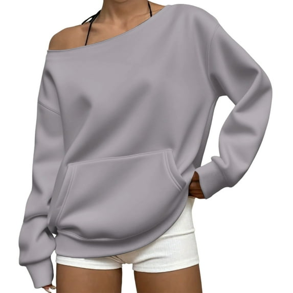 Womens off The Shoulder Sweatshirt Comdrip off The Shoulder Sweatshirt for Women Oversized Long Sleeve Fleece Basic Pullover Sweatshirts with Pockets Cute Sweatshirts Grey 2XL