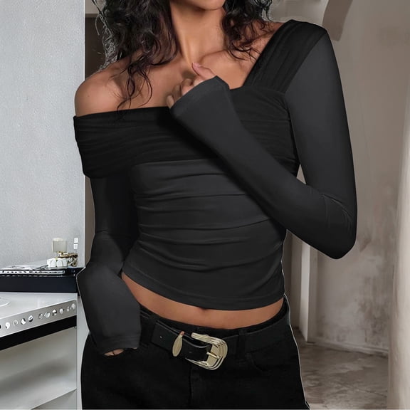 Womens Off The Shoulder Tops Double Lined Tight Long Sleeve Shirt Ruched Mesh Crop Top Going Out Tops Button Blouse plus Button down Shirt Women Extended Shirt for Women Womens Short Shirts Nohow