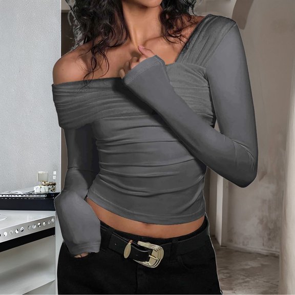 Womens Off The Shoulder Tops Double Lined Tight Long Sleeve Shirt Ruched Mesh Crop Top Going Out Tops Button Blouse plus Button down Shirt Women Extended Shirt for Women Womens Short Shirts Nohow