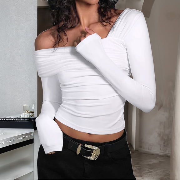 Womens Off The Shoulder Tops Double Lined Tight Long Sleeve Shirt Ruched Mesh Crop Top Going Out Tops Button Blouse plus Button down Shirt Women Extended Shirt for Women Womens Short Shirts Nohow