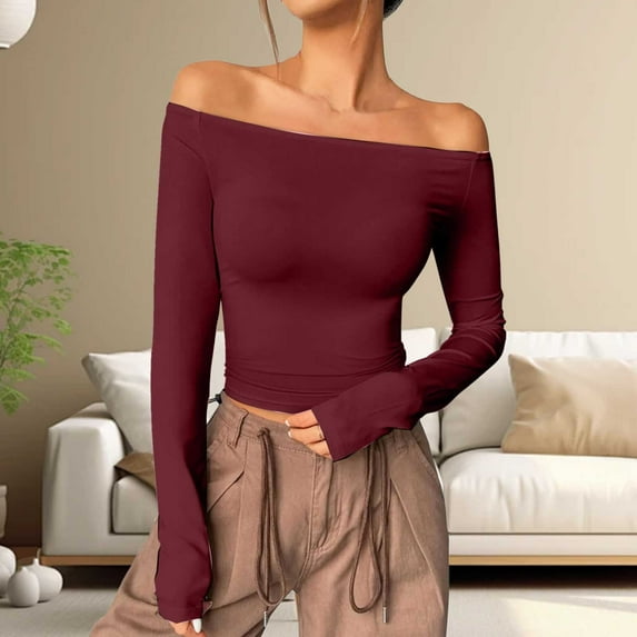 Womens Off The Shoulder Tops Long Sleeve Basic T Shirts Going Out Cute Fall Fashion 2024 Thermal Tops for Women Long Sleeve plus Size Thermal Top And Bottom Womens Thermal Running Top Women Thermals