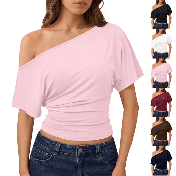 Womens Off the Shoulder Tops Summer Going Out Crop Shirts Cinched Waist Asymmetrical Wrap Short Sleeve T Shirts Cute Summer Casual Work Blouses Y2k Clothes Resort Wear
