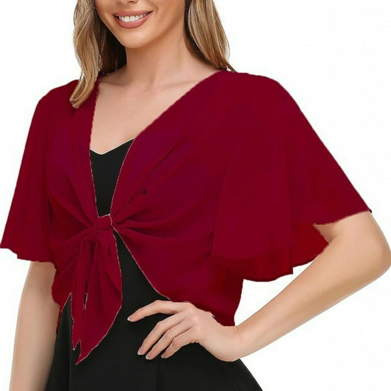 Womens Shrug Chiffon Shawl Wraps Solid Sheer Open Front Tie Knot