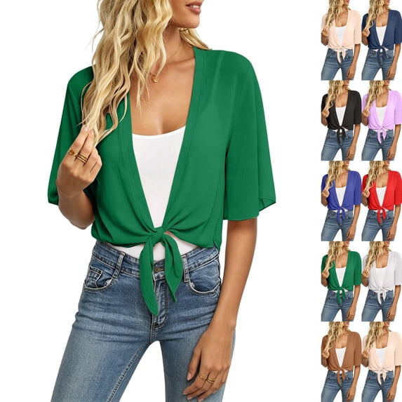 Womens Shrugs for Summer Cropped Cardigan Short Sleeve Open Front Sheer Shawl Cardigans Lightweight Chiffon Bolero Dark Green XL