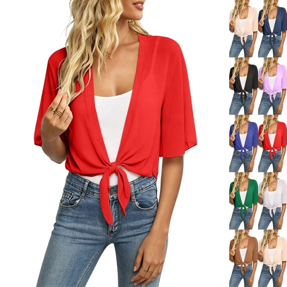 Womens Shrugs for Summer Cropped Cardigan Short Sleeve Open Front Sheer Shawl Cardigans Lightweight Chiffon Bolero Red M