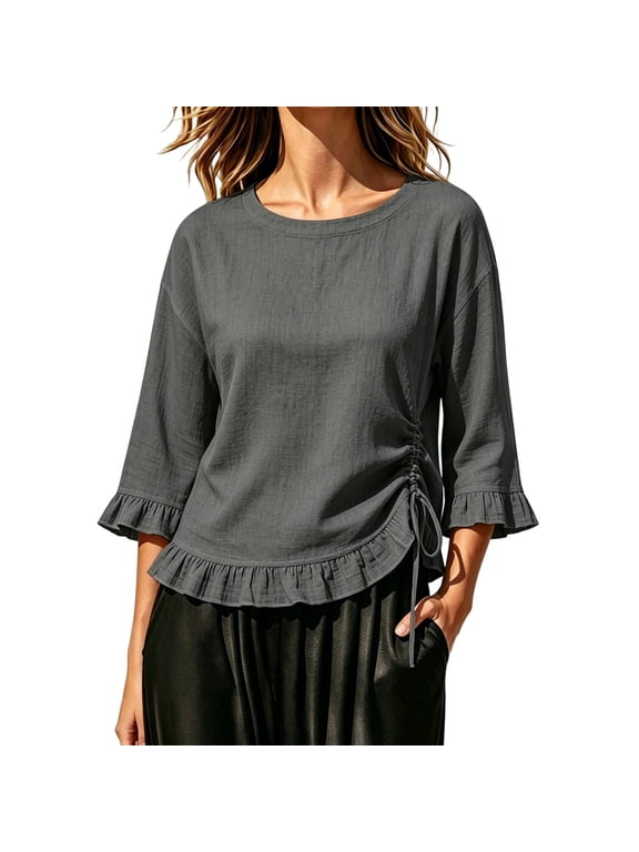 Womens Side Drawstring Blouse Round Neck 3/4 Sleeve Shirred Ruffle Texture Vacation Shirt Top