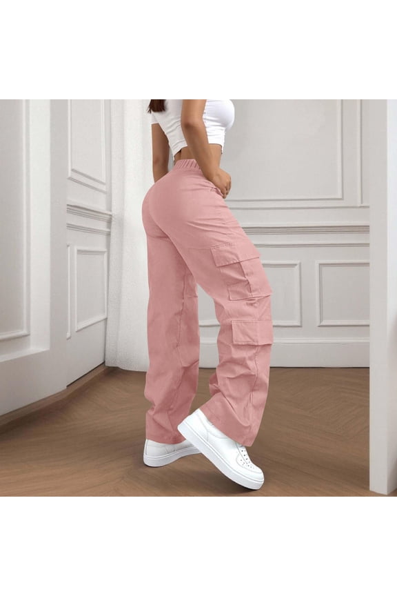Womens Side Pocket Cargo Pants, Side Multi Layer Utility Cargo Pocket Elastic Drawstring High Waist Straight Wide Leg Casual Daily Pants, Pink M
