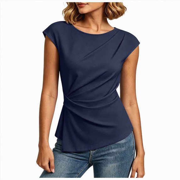 Womens Side Ruched Cap Sleeve Top,Slim Fit Crewneck Tee