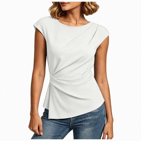 Womens Side Ruched Cap Sleeve Top,Slim Fit Crewneck Tee