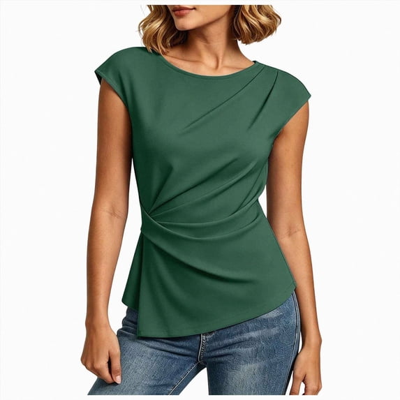 Womens Side Ruched Cap Sleeve Top,Slim Fit Crewneck Tee