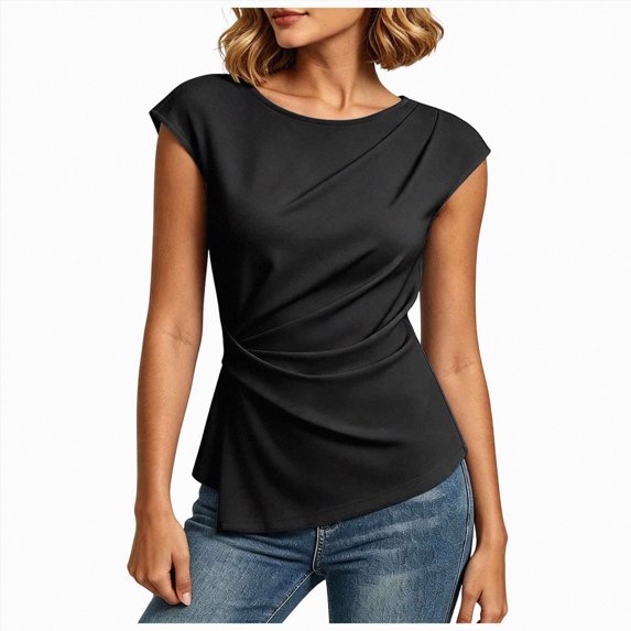 Womens Side Ruched Cap Sleeve Top,Slim Fit Crewneck Tee