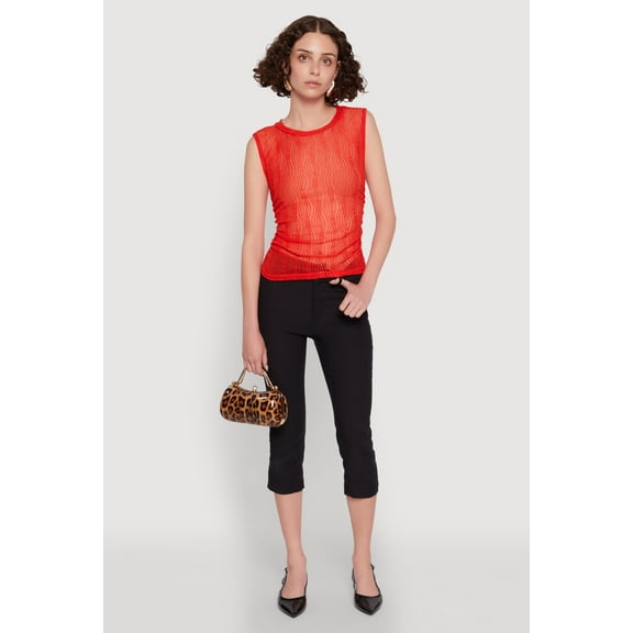 Womens Side Ruched Sleeveless Mesh Top