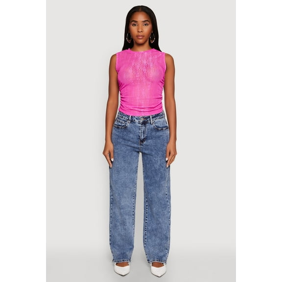 Womens Side Ruched Sleeveless Mesh Top