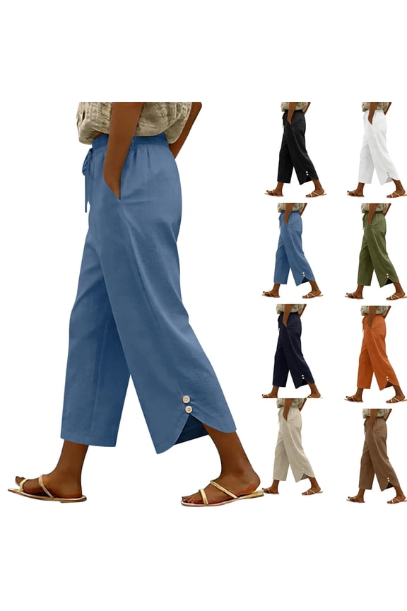 Womens Side Slit Hem Capri Pants Linen Cotton Button Detail Elastic Waist Drawstring Loose Cropped Trousers Wide Leg Summer Casual Lightweight Breathable Bottoms , #01 Blue, M