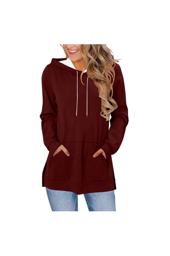 Womens Side Slit Long Length Hoodies, Long Sleeve Pullover for Women Fall Fashion Loose Fit Solid Color Drawstring Hooded Sweatshirts with Pockets