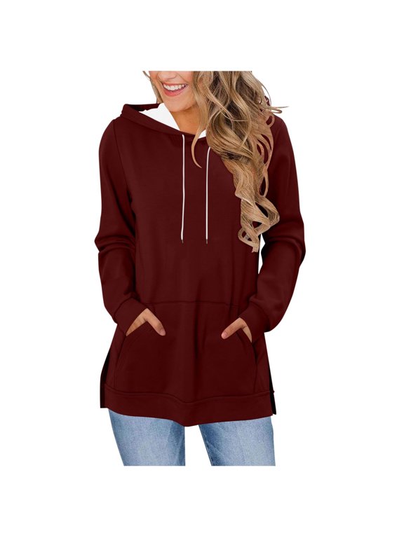 Womens Side Slit Long Length Hoodies, Long Sleeve Pullover for Women Fall Fashion Loose Fit Solid Color Drawstring Hooded Sweatshirts with Pockets