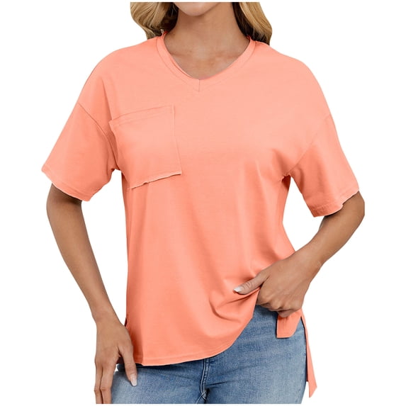 Womens Side Slit Summer Tops, Short Sleeve Shirts for Women Casual Loose Fit Solid Color V Neck T-Shirts with Pockets
