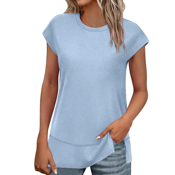 Womens Side Slit T-Shirts, Short Sleeve Shirts for Women Summer Casual Loose Fit Solid Color Athletic Crewneck Tees Basic Tops
