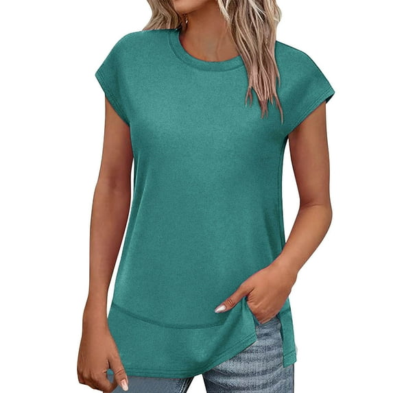 Womens Side Slit T-Shirts, Short Sleeve Shirts for Women Summer Casual Loose Fit Solid Color Athletic Crewneck Tees Basic Tops