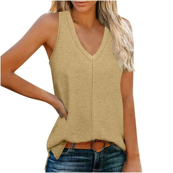 Womens Side Slit Tank Tops, Sleeveless Shirts for Women Summer Casual Loose Fit Solid Color V Neck Dressy Blouses