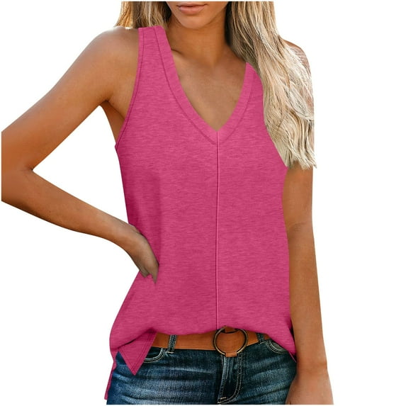 Womens Side Slit Tank Tops, Sleeveless Shirts for Women Summer Casual Loose Fit Solid Color V Neck Dressy Blouses