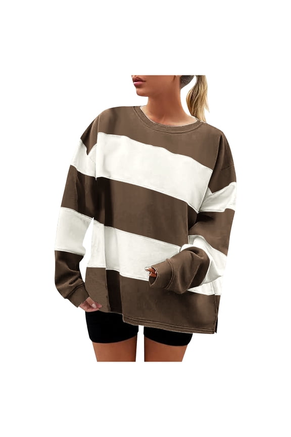 Womens Side Slit Tops, Long Sleeve Pullover for Women Fall Fashion Loose Fit Striped Printed Oversized Crewneck Sweatshirts S-2XL