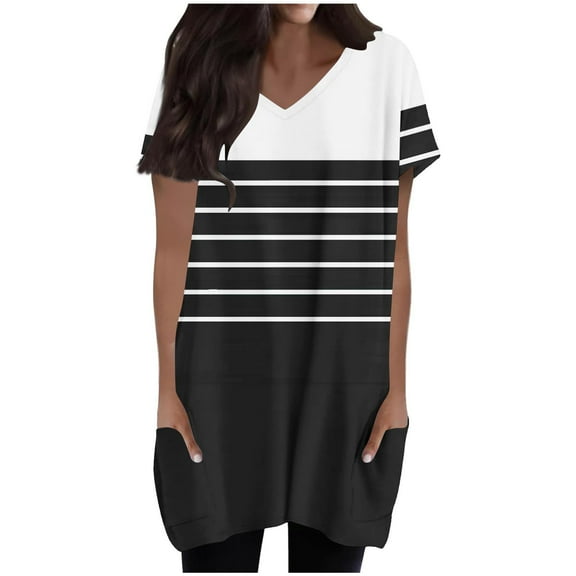 Womens Side Slit Tunic Tops, Short Sleeve Shirts for Women Summer Fashion Striped Printed Patchwork V Neck Short Sleeve T-Shirts with Pockets