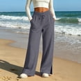 thumbnail image 1 of Womens Side Slit Wide Leg Pants Elastic Drawstring Waist Loose Casual Cotton Linen Trousers for Summer Vacation Dark Gray Cute Pants for Women XL, 1 of 9