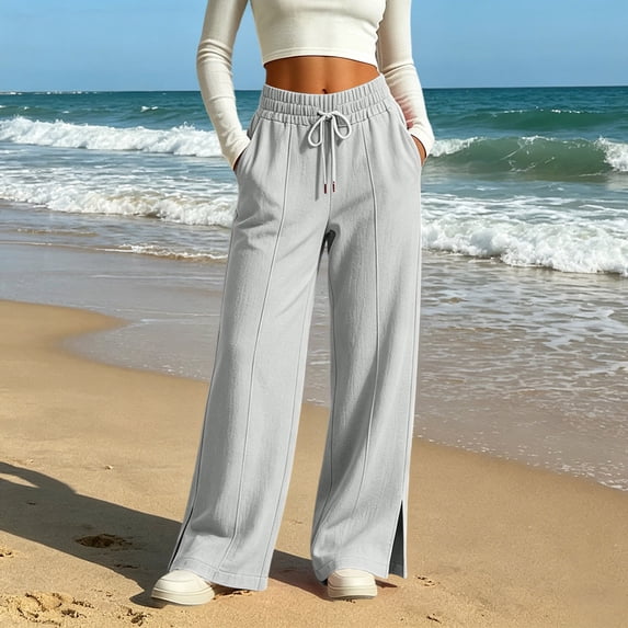 Womens Side Slit Wide Leg Pants Elastic Drawstring Waist Loose Casual Cotton Linen Trousers for Summer Vacation Gray XXL