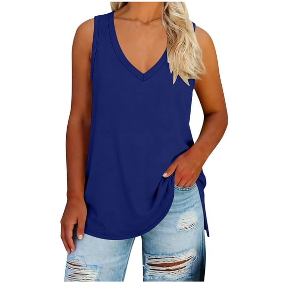 Womens Side Slit Workout Tank Tops Plus Size V-neck Loose Fit Basic Casual Summer Sleeveless Shirts