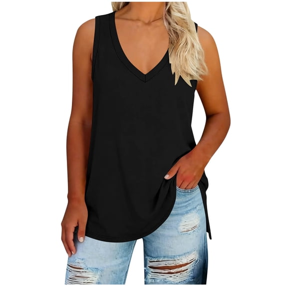 Womens Side Slit Workout Tank Tops Plus Size V-neck Loose Fit Basic Casual Summer Sleeveless Shirts