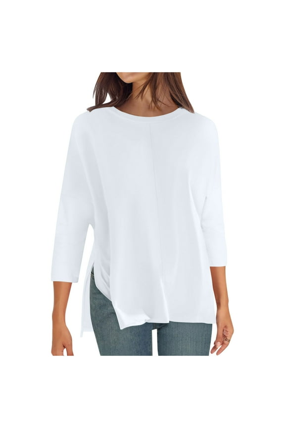 Womens Side Split Hem Tops Dressy Casual 3/4 Length Sleeve Blouse Loose Comfy Crewneck Tunic Shirts